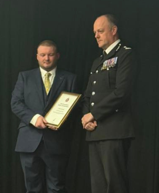 Joe receiving his Citizen's Commendation award from Greater Manchester Police Chief Constable, Sir Stephen Watson QPM.